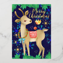 Weihnachts Hirsch mit Vogel. Blau.
