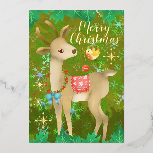 Weihnachts Hirsch mit Vogel. Folien Feiertagskarte (Vorderseite)