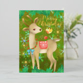 Weihnachts Hirsch mit Vogel. Folien Feiertagskarte (Stehend vorne)
