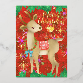 Weihnachts Hirsch mit Vogel. Rot. Folien Feiertagskarte