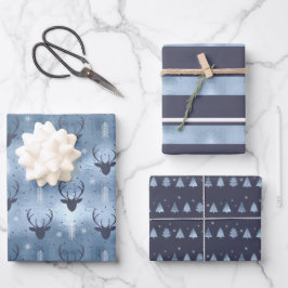 Weihnachts Hirschgeweih, Streifen, Bäume blau ID86 Geschenkpapier Set