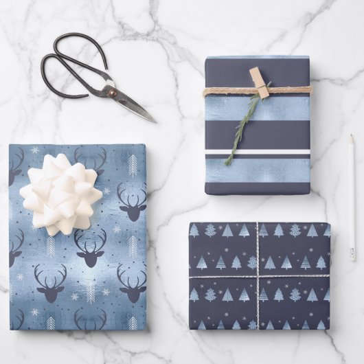 Weihnachts Hirschgeweih, Streifen, Bäume blau ID86 Geschenkpapier Set (Vorderseite)