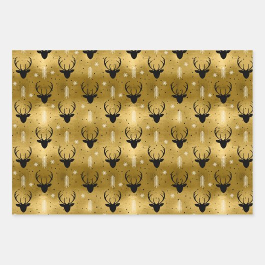 Weihnachts Hirschgeweih, Streifen, Bäume Gold ID86 Geschenkpapier Set (Vorderseite)
