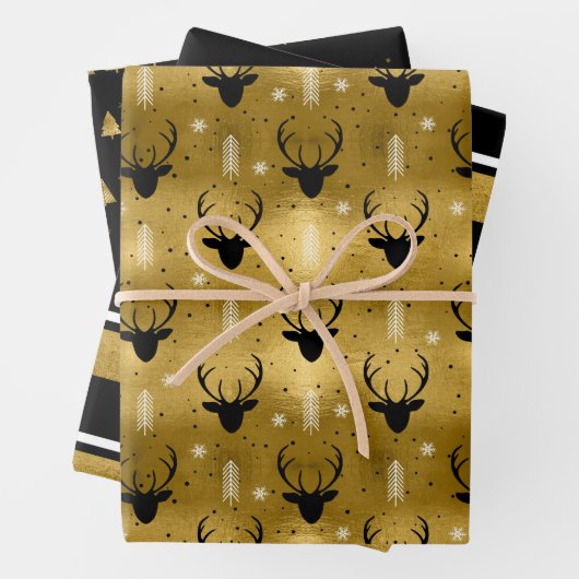 Weihnachts Hirschgeweih, Streifen, Bäume Gold ID86 Geschenkpapier Set (Beispiel)