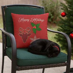 Weihnachts-Hirschkopf, Schneeflocke und Stechpalme Kissen