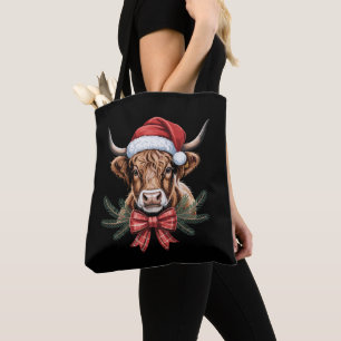 Weihnachts-Hochlandkuh-Santa-Hut-Kariert-Bogen-Kra Tasche