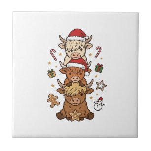 Weihnachts-Hochlandkuh-Stapel Vintage-Stich Des Fliese