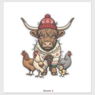 Weihnachts-Hochlandkuh und Hühner Vintage-Stich Aufkleber