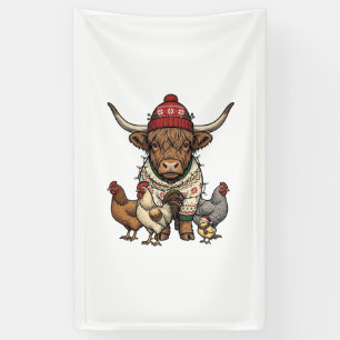 Weihnachts-Hochlandkuh und Hühner Vintage-Stich Banner