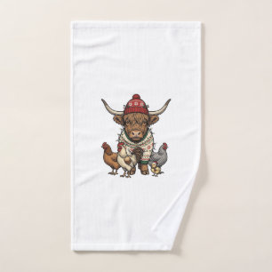 Weihnachts-Hochlandkuh und Hühner Vintage-Stich Handtuch