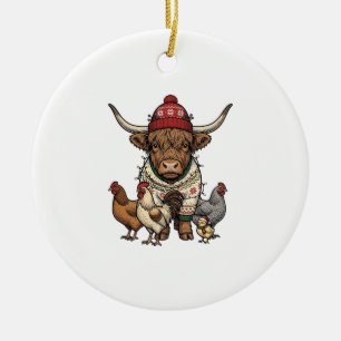 Weihnachts-Hochlandkuh und Hühner Vintage-Stich Keramik Ornament