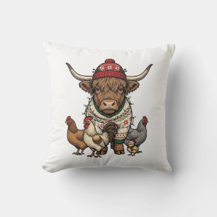 Weihnachts-Hochlandkuh und Hühner Vintage-Stich Kissen