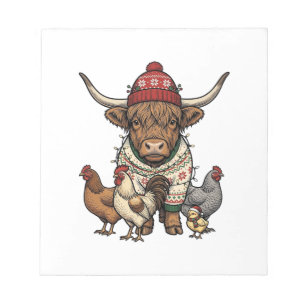 Weihnachts-Hochlandkuh und Hühner Vintage-Stich Notizblock