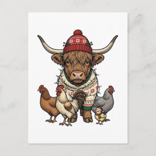 Weihnachts-Hochlandkuh und Hühner Vintage-Stich Postkarte
