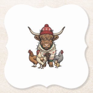 Weihnachts-Hochlandkuh und Hühner Vintage-Stich Untersetzer