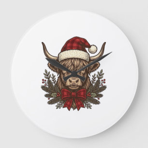 Weihnachts-Hochlandkuh Vintage-Stich-Design_1 Große Wanduhr