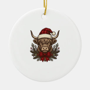 Weihnachts-Hochlandkuh Vintage-Stich-Design_1 Keramik Ornament