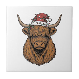 Weihnachts-Hochlandkuh Vintage-Stich Santa-Hut Fliese