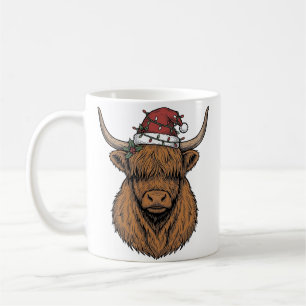 Weihnachts-Hochlandkuh Vintage-Stich Santa-Hut Kaffeetasse