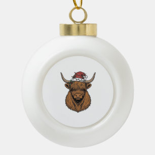 Weihnachts-Hochlandkuh Vintage-Stich Santa-Hut Keramik Kugel-Ornament