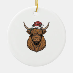 Weihnachts-Hochlandkuh Vintage-Stich Santa-Hut Keramik Ornament