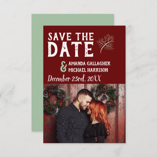 Weihnachts-Hochzeit Burgundy Sage Winter Pine Foto Save The Date (Vorne/Hinten)
