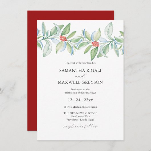 Weihnachts Hochzeit Einladung Wasserfarbengrün (Vorne/Hinten)