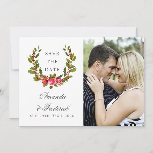Weihnachts-Hochzeit Floral Holly Save the Date Fot (Vorderseite)
