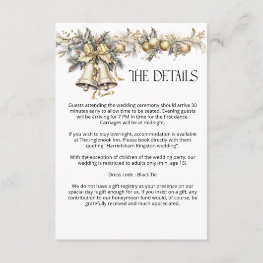 Weihnachts-Hochzeit Golden Holly Bells Details Begleitkarte (Vorderseite)