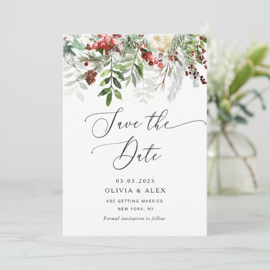 Weihnachts-Hochzeit im Evergreen Winter Speichern  Save The Date (Stehend Vorderseite)