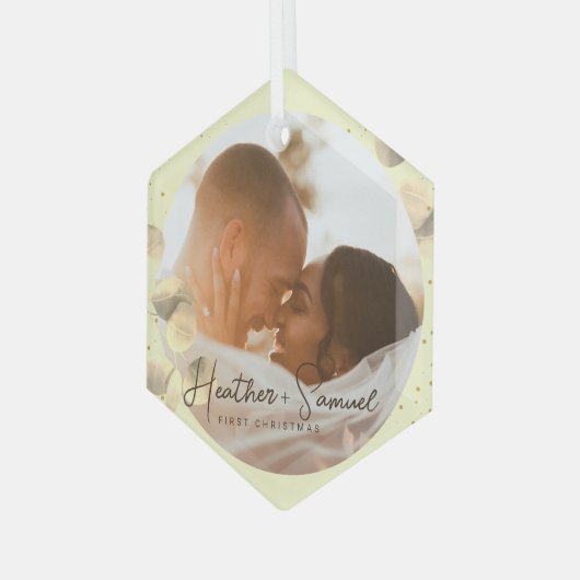 Weihnachts-Hochzeit Keepake Elegantes Script-Foto Ornament Aus Glas (Vorderseite Links)