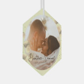 Weihnachts-Hochzeit Keepake Elegantes Script-Foto Ornament Aus Glas (Vorderseite Rechts)