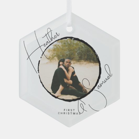 Weihnachts-Hochzeit Keepake Modernes Skript-Foto Ornament Aus Glas (Vorderseite)