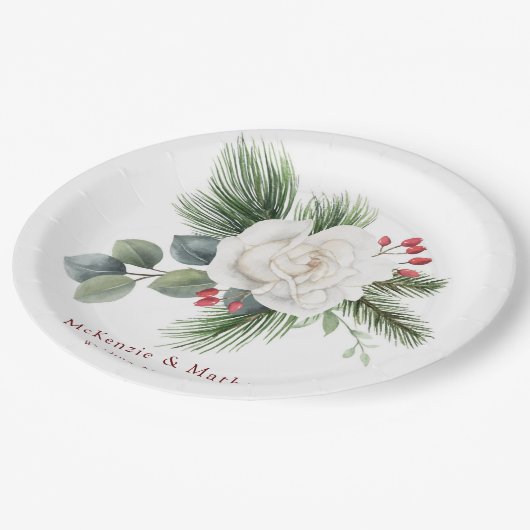 Weihnachts-Hochzeit mit Weißer Rose und Roten Bere Pappteller (Schrägansicht)