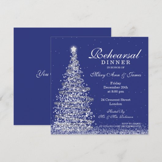 Weihnachts Hochzeit Probe Dinner Silver Navy Einladung (Vorne/Hinten)