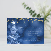 Weihnachts Hochzeit RSVP Sparkle Tree Gold Blue (Stehend Vorderseite)