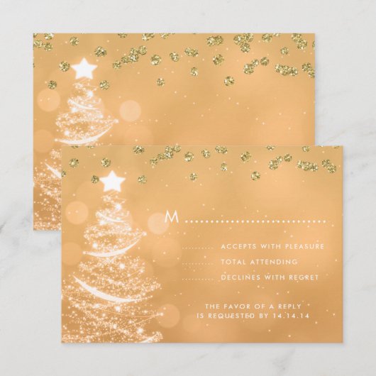 Weihnachts Hochzeit RSVP Sparkle Tree Gold Karte (Vorne/Hinten)