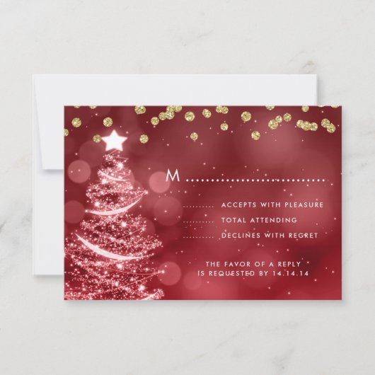 Weihnachts Hochzeit RSVP Sparkle Tree Gold Red Karte (Vorderseite)