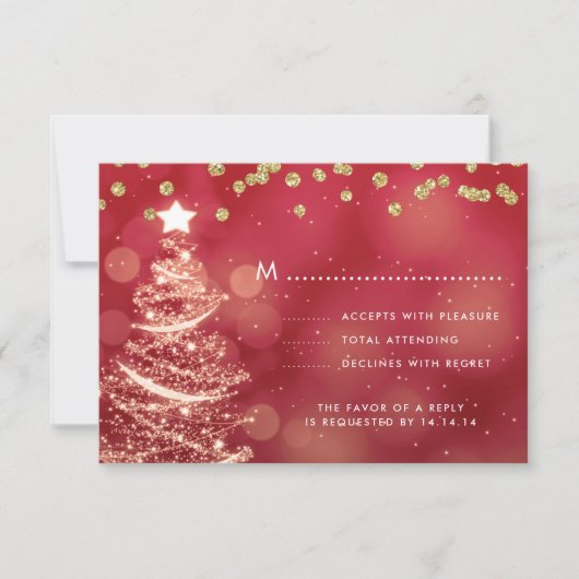 Weihnachts Hochzeit RSVP Sparkle Tree Red Gold Karte (Vorderseite)
