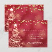 Weihnachts Hochzeit RSVP Sparkle Tree Red Gold Karte (Vorne/Hinten)