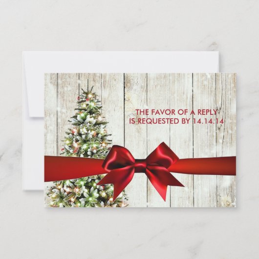 Weihnachts Hochzeit RSVP Tree, Lights & Red Ribbon (Rückseite)
