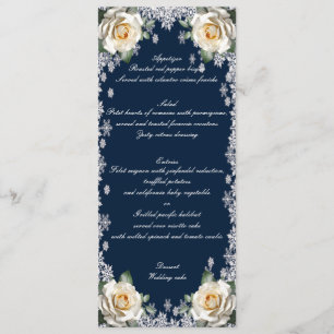 Weihnachts-Hochzeitsmenü mit weißen Rosen und Schn Menükarte