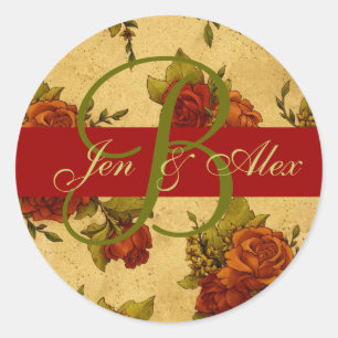 Weihnachts-Hochzeitsmonogramm und Namen-Rosen-Aufk Runder Aufkleber