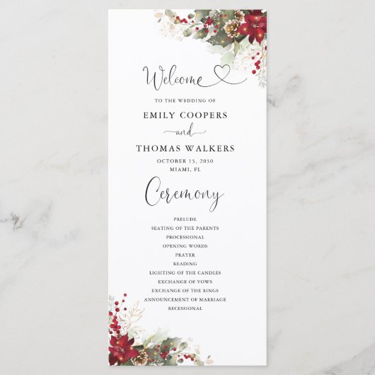 Weihnachts-Hochzeitsprogramm für Red Poinsettia Programm (Vorderseite)