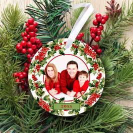 Weihnachts-Holly-Blätter & Berries Custom-Foto Keramik Ornament