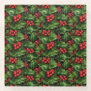 Weihnachts-Holly-Blätter und Rote Berries-Muster Glasuntersetzer