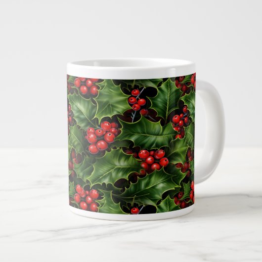 Weihnachts-Holly-Blätter und Rote Berries-Muster Jumbo-Tasse (Vorderseite Rechts)