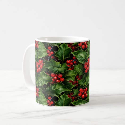 Weihnachts-Holly-Blätter und Rote Berries-Muster Kaffeetasse (Vorderseite Links)