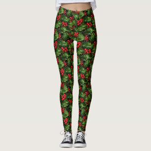 Weihnachts-Holly-Blätter und Rote Berries-Muster Leggings