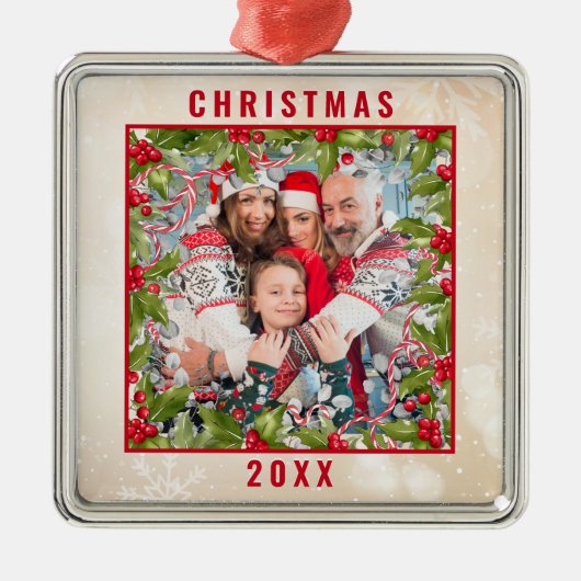 Weihnachts-Holly-Branch-Foto Pewter-Ornament Ornament Aus Metall (Vorne)